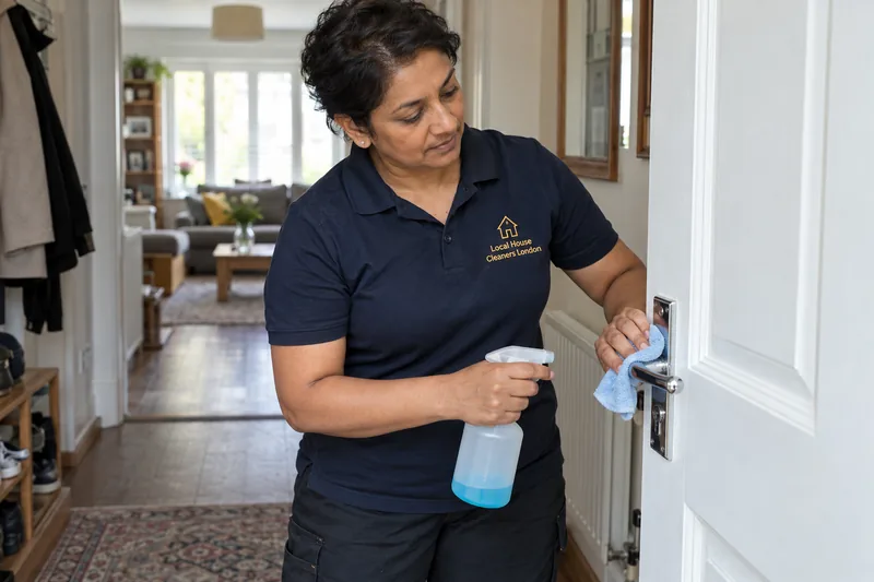 A professional cleaner wiping a domestic door handle with a small cloth — cleaning work in Ilford (IG1 / IG2).