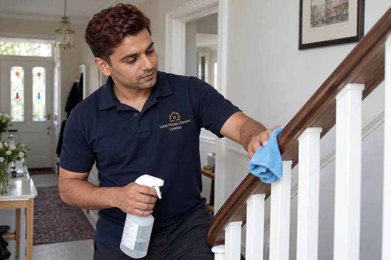 A professional cleaner dusting a stair handrail safely — cleaning work in Clock House (BR3).