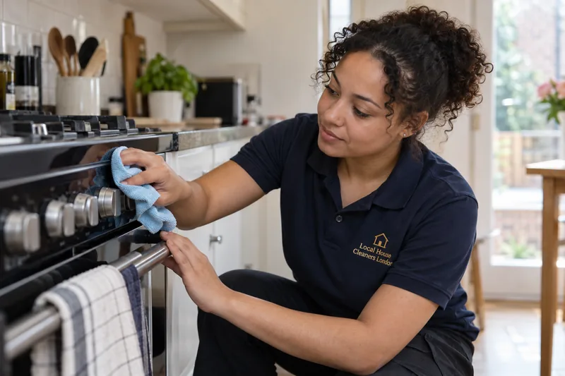 A professional cleaner carefully cleaning the exterior of a cool hob control panel — cleaning work in Collier Row (RM5).
