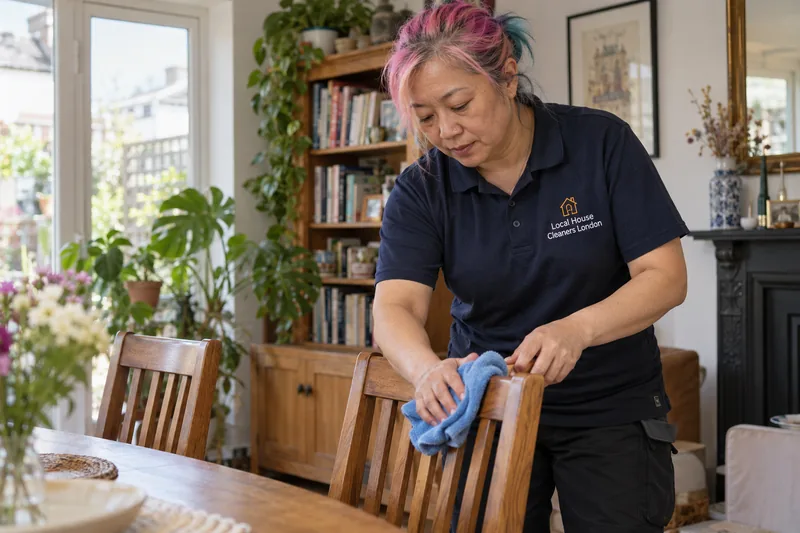 A professional cleaner wiping the back of a wooden dining chair — cleaning work in Arnos Grove (N11 / N14).