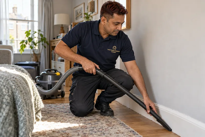 A professional cleaner vacuuming the edge of a clear room using the appropriate attachment — cleaning work in Wealdstone (HA3).