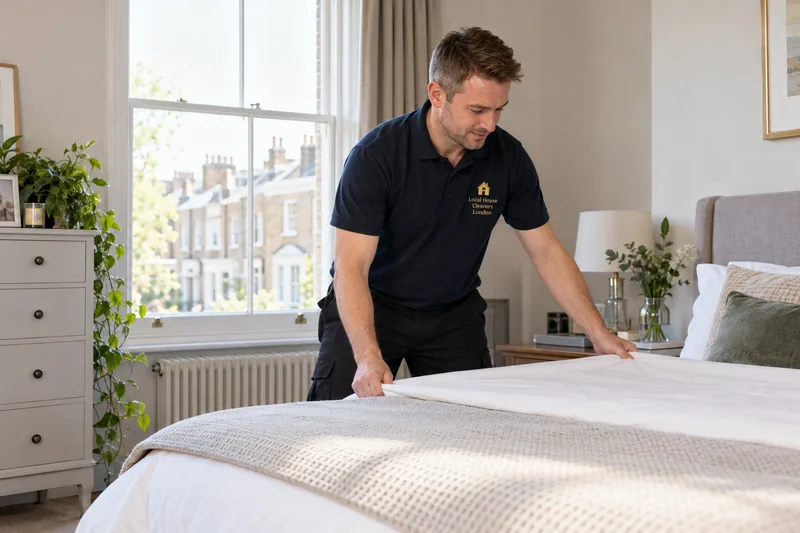 A professional cleaner straightening a freshly made bed in a light bedroom — cleaning work in Stepney (E1).
