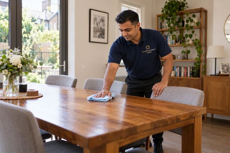 A professional cleaner wiping a family dining table with the appropriate cloth — cleaning work in Collier Row (RM5).