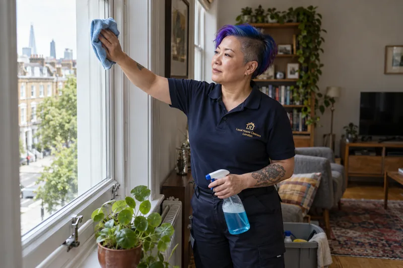 A professional cleaner wiping the inside of a reachable window while standing on the floor — cleaning work in High Barnet (EN5).